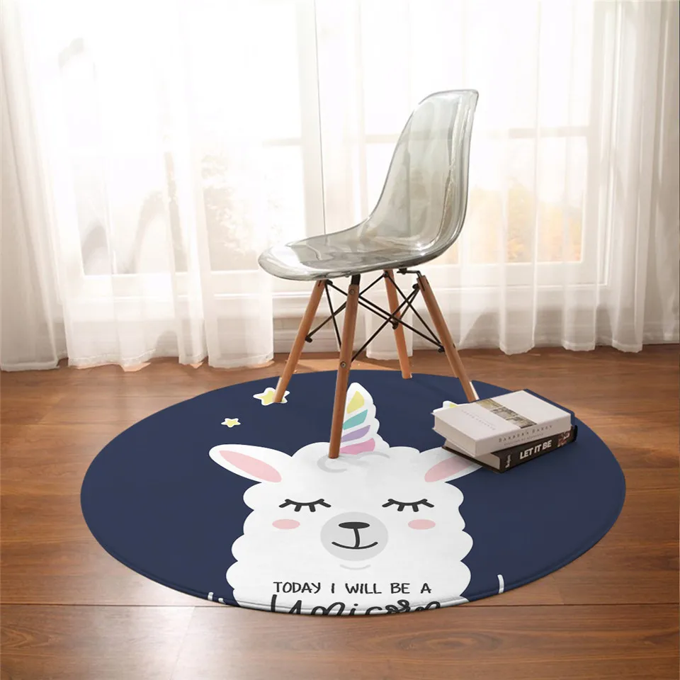 

Cute Llama Bedroom Carpets Unicorn Round Area Rug for Living Room Cartoon Alpaca Floor Rug Stars Play Mat