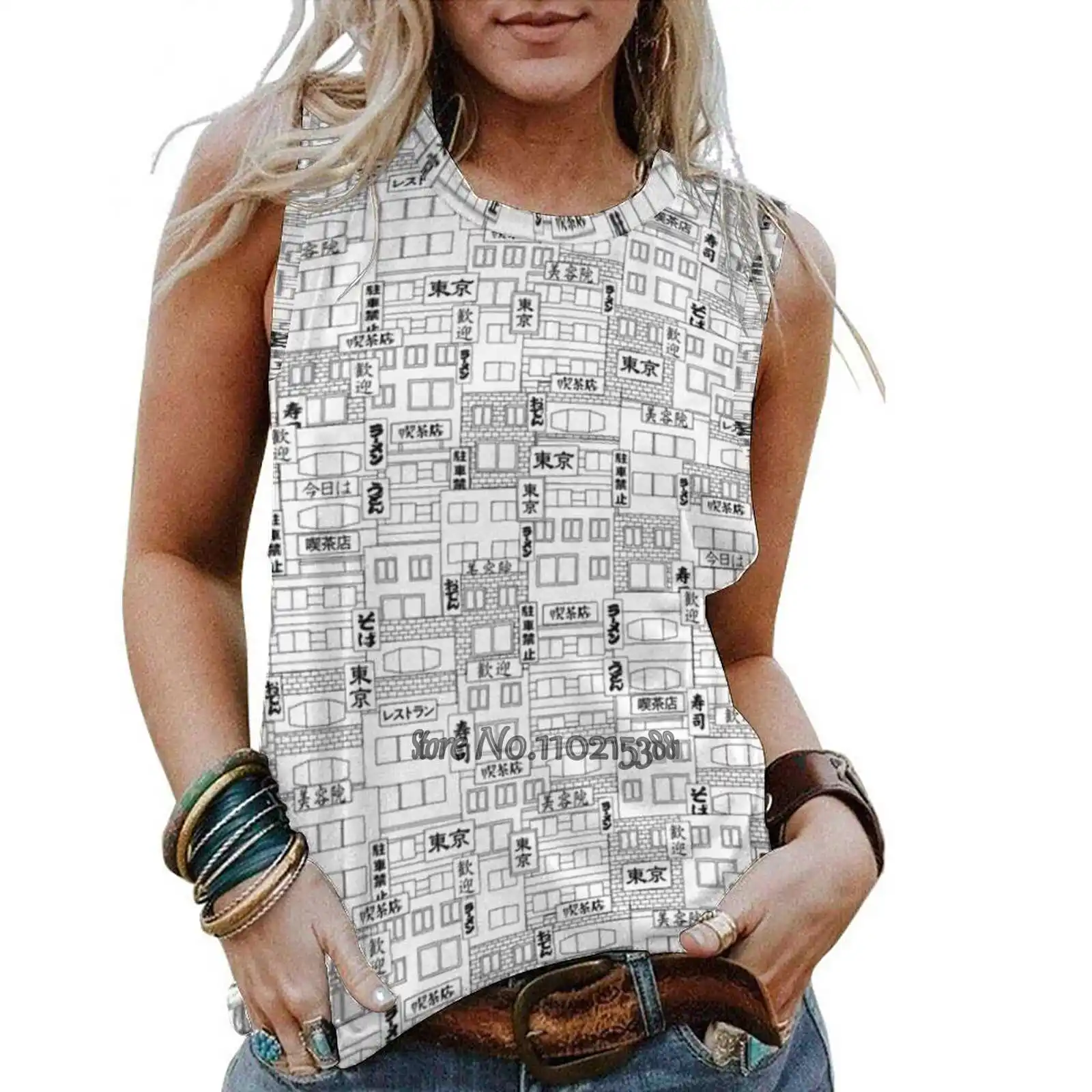 

Tokyo Women Tank Camisole Fashion Loose Casual Vest Sexy Tank Top Girls T-Shirt Tokyo Japan Japanese Hand Drawn Houses Tower