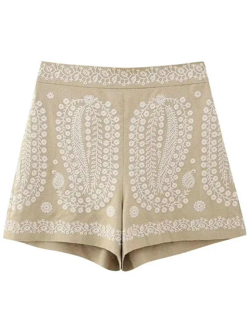 Summer Women's Brown High-waisted Retro Ethnic Style Embroidery A-word Slim Casual Loose Shorts