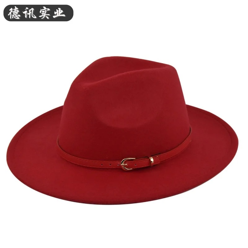 

Cross-Border Retro Fedora Hat Red Belt Woolen Hat Cowboy Hat Retro Wool-Like Felt Hat Flat Eaves Cape