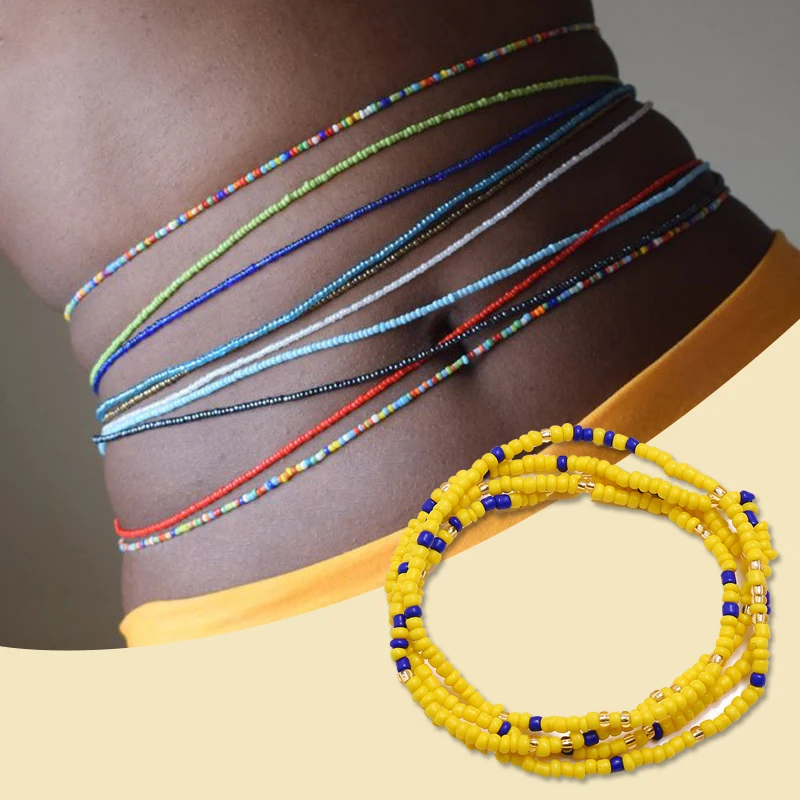 

2022 Summer Trend Bohemian Style Elastic Colorful Rice Bead Waist Chain African Waist Beads Belly Chain Women Girls Body Jewelry