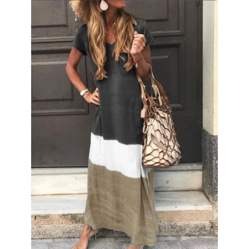 Женское длинное платье с коротким рукавом элегантное свободное составного кроя