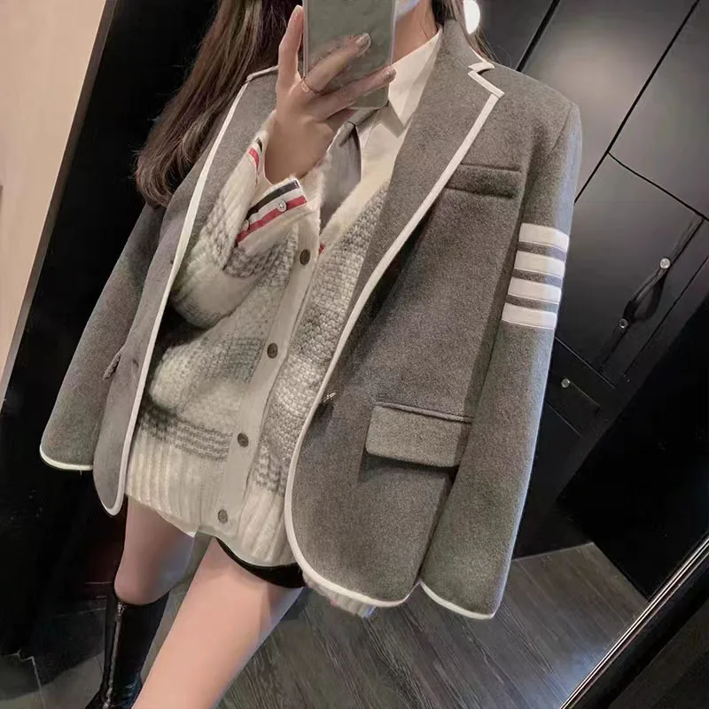 

TB BROWIN Women Wool Suits Jacket Thicken Striped Coat Casual Warm Blazer Winter Outerwear Loose Korean Design