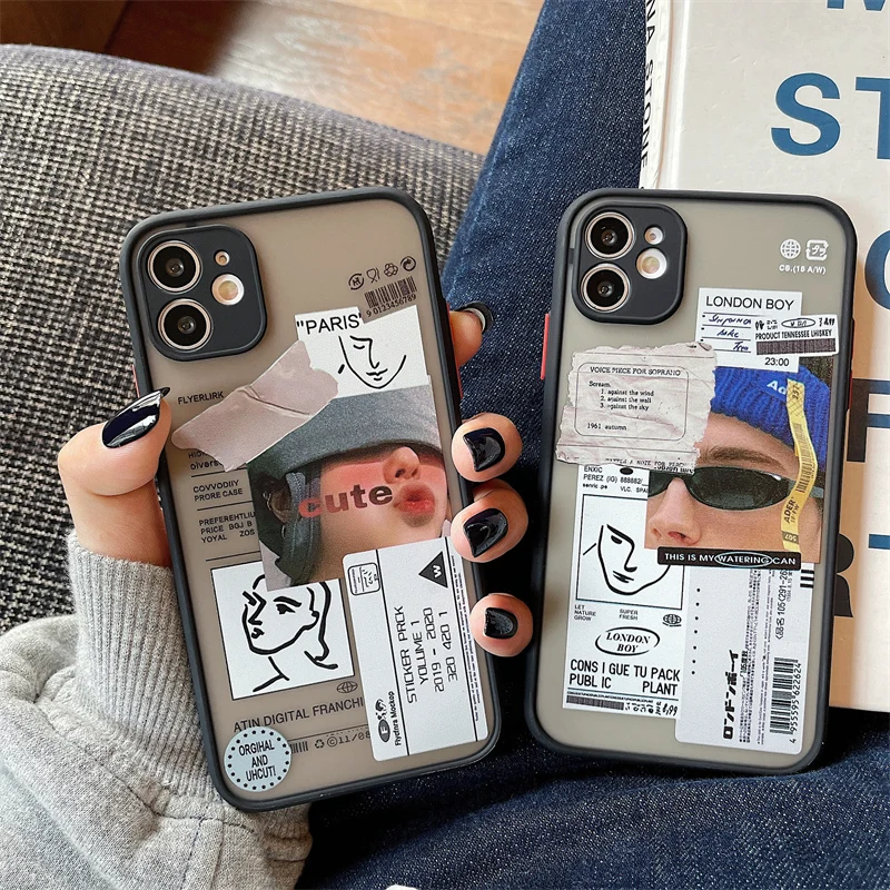 

Ins Creative Fashion Phone Case For iphone 13 12 11 7 8 plus mini x xs xr pro max matte transparent Couple Tags Shell Cover