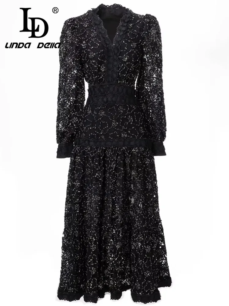 LD LINDA DELLA Fashion Runway Black Dress Women V-neck Lantern sleeve Hollow out Embroidery Vintage Party Midi Dress