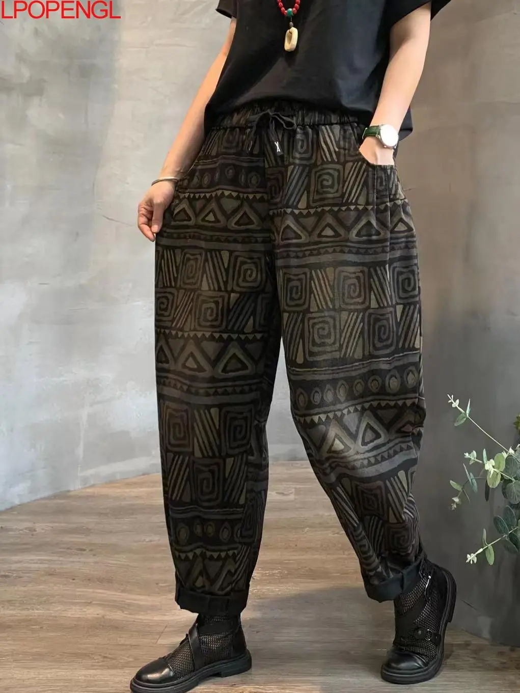 

Женские джинсы в стиле панк, винтажные свободные брюки из денима с принтом, шаровары с завязками и эластичным поясом, моющиеся джинсы для мам, весна-лето 2023