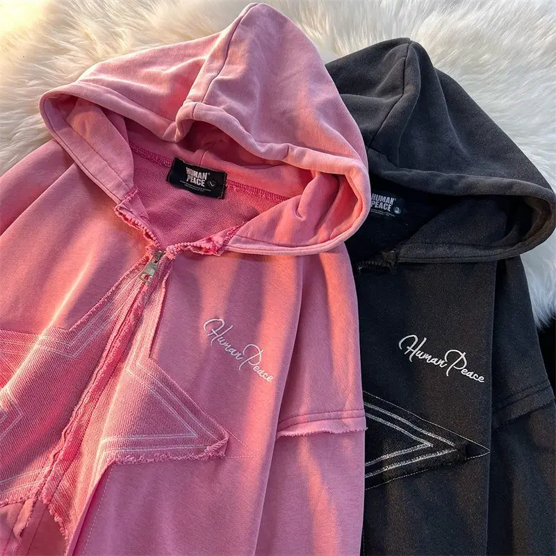 

Raspberry color national tide retro old star Embroidery jacket men and women cardigan hooded niche couple streetwear sweatshirt