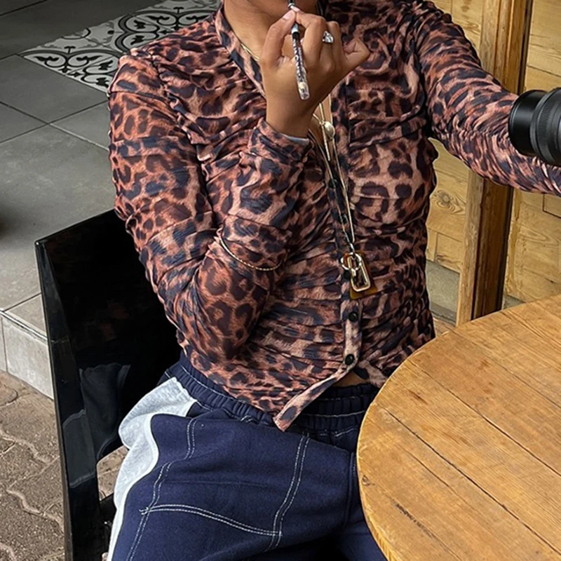 IAMHOTTY Сетчатый Топ С Леопардовым Принтом Для Женщин Винтажная Приталенная Блузка