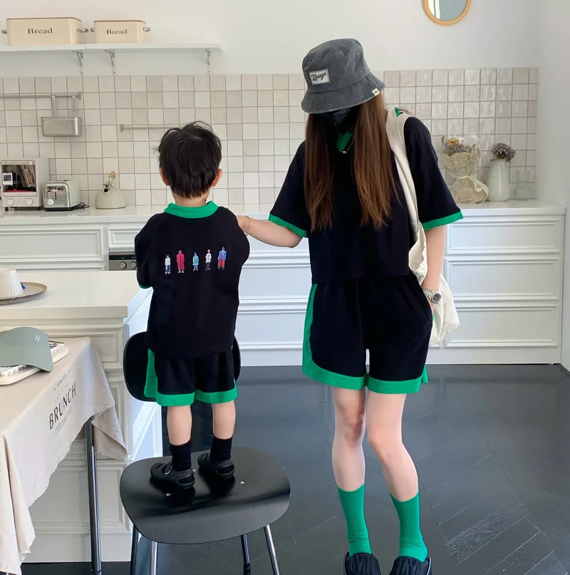 

2023 Summer Mom Son Matching Clothing Sets Mother and Daughter Equal Clothes Korean Style Children Two Piece Outfits for Women