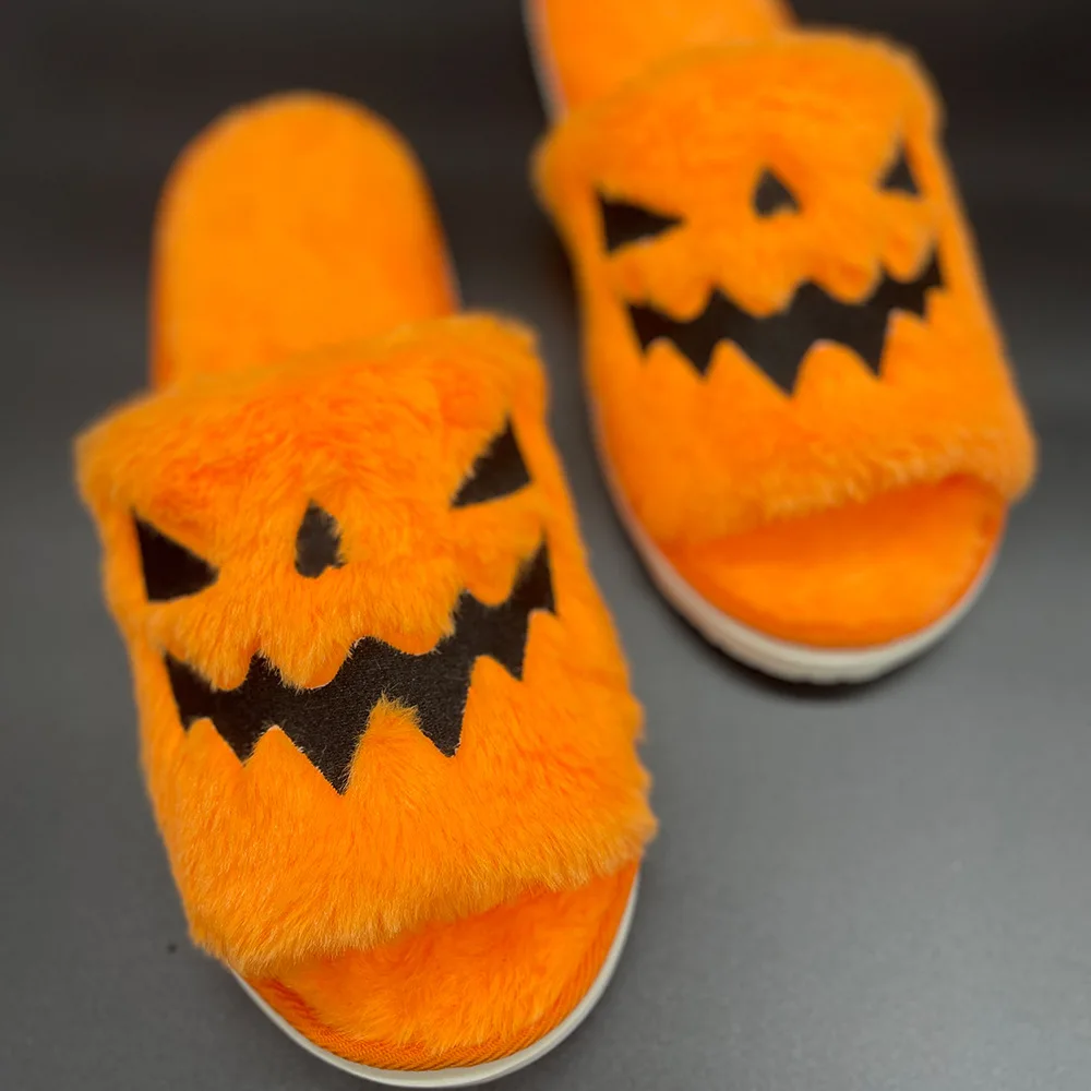 Fluffy Winter Warm Slippers Woman Girls Halloween Pumpkin Cartoon House Slippers Furry Comfort Flat Shoes Zapatos Mujer