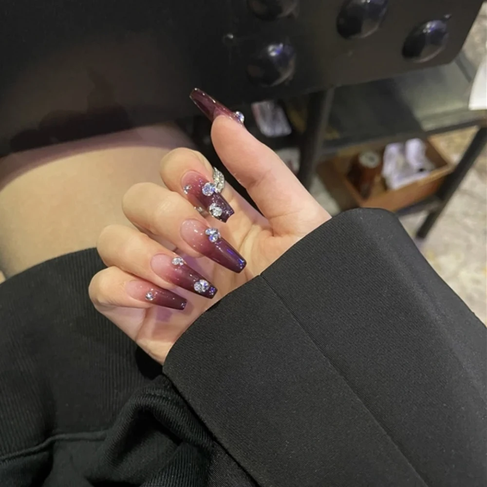 

24 шт. накладные ногти с бриллиантами длинный гроб глянцевый фиолетовый накладные ногти с клей для стразного типа искусственный дизайн ногт...