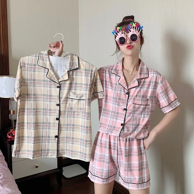 Cute Print Women Pajamas Sets Summer Short Sleeve Cartoon Sleepwear Pink Pijama Mujer Female Nightsuit Cat Moon