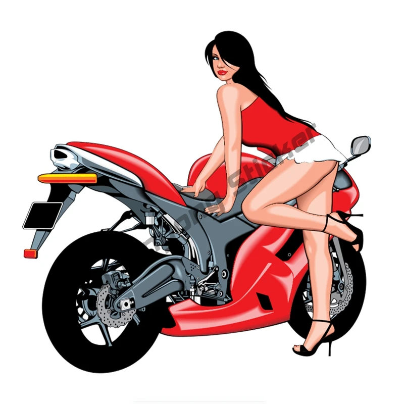 

Сексуальная девушка Байкерская мотоцикл красочный художественный Рисунок Красивая мультяшная фотография автомобильные наклейки pvc12 x 12 см