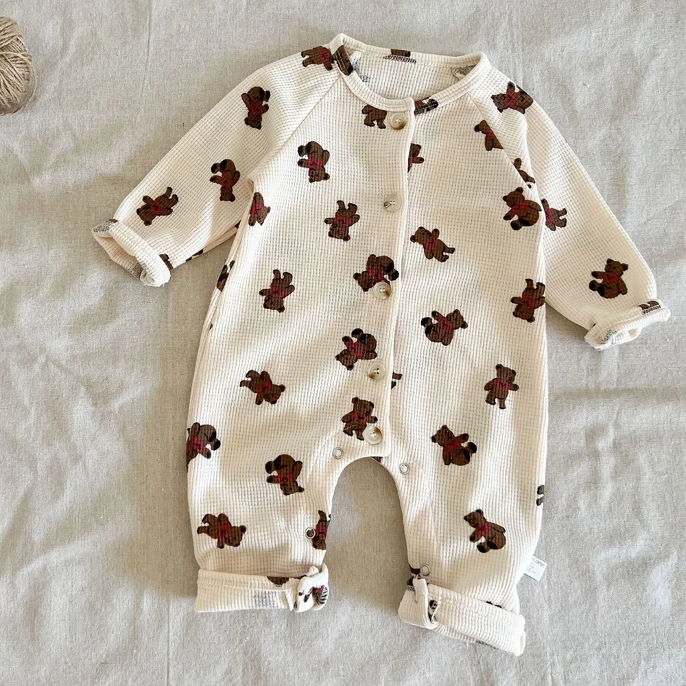 

Детский хлопковый комбинезон Jlong для девочек, Осенний комбинезон с вафельным рисунком медведя для мальчиков 0-24 месяцев