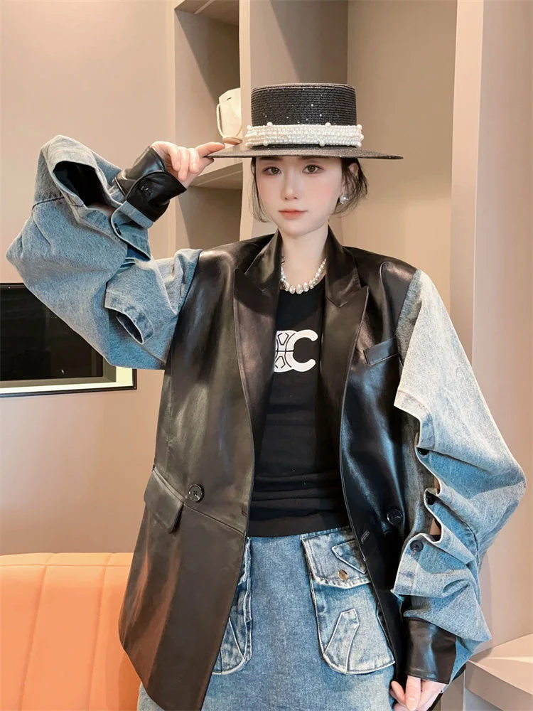 

Denim Patchwork Leather Jacket Loose And Explosive Street Top Rarf Coats Down Jacket Winter Women's Cold Coat Jackets For Women
