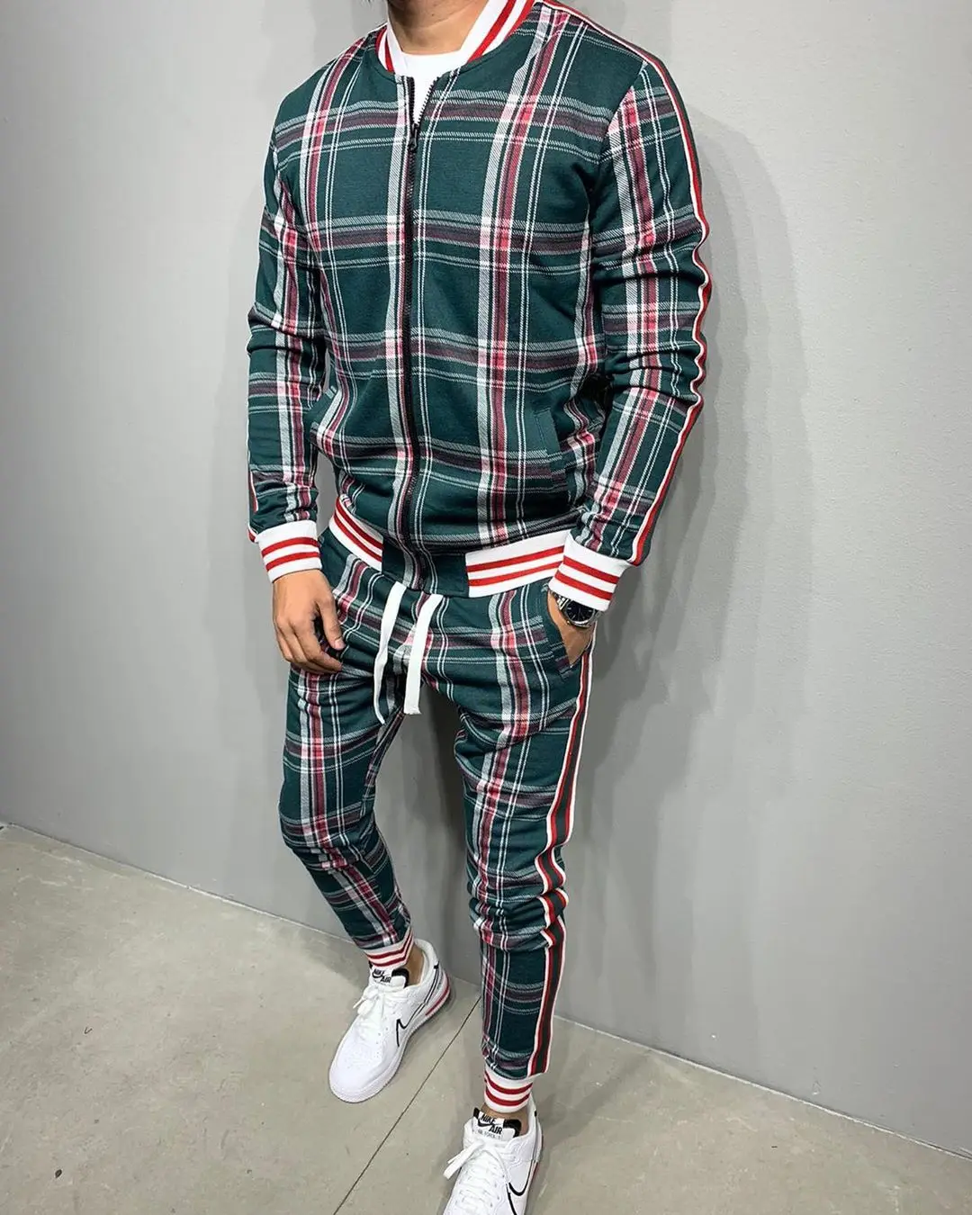 

Gentlemans Tracksuit Flower Plaid Men's Suit Jacket + Pants Sports High Quality 3D Printing Zipper Two-Piece Set Spot Europe