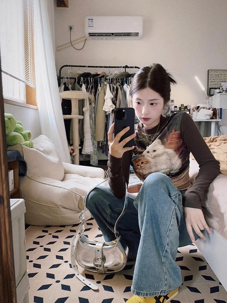 Американская Ретро футболка с длинным рукавом принтом кота Женская Осенняя