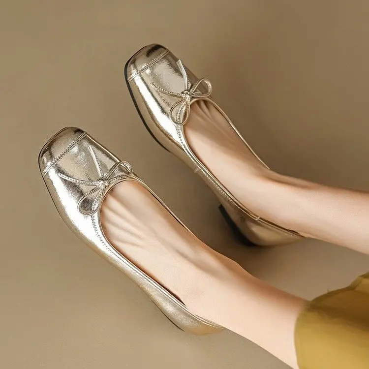 

Женские туфли-лодочки с квадратным носком, классические удобные простые туфли на плоской подошве, с бантом, серебристые, золотистые, весна-осень