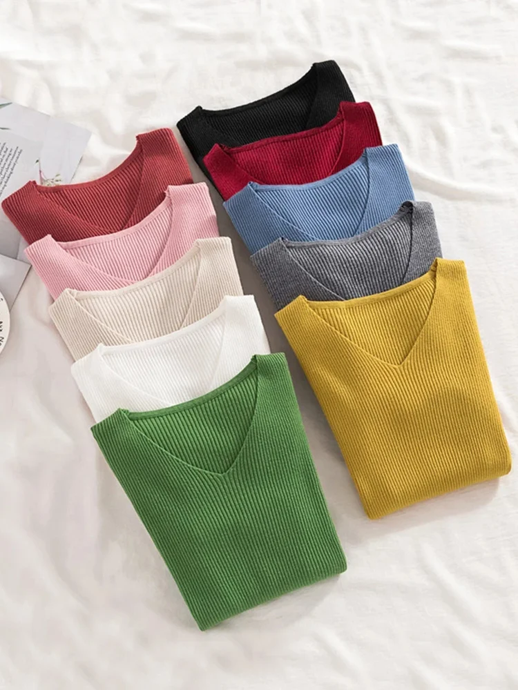 

JMPRS Spring Sweater Women Pullover Elastic Knitted Jumper Long Sleeve V-neck Autumn Basic Female Top Knitwear Sueter Mujer