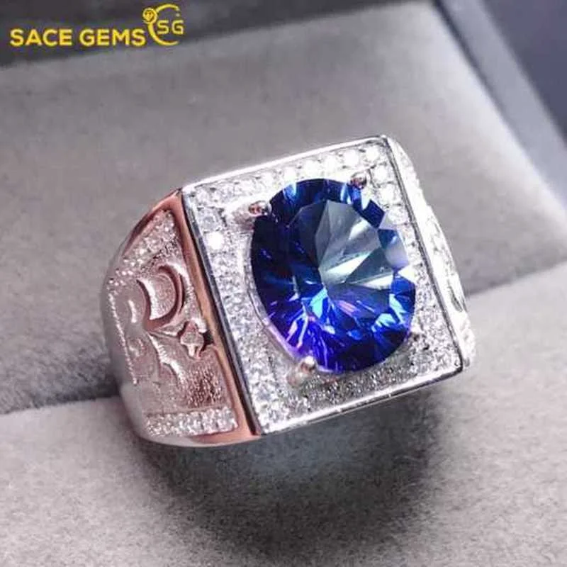 SACE GEMS Resizable 9*11MM Blue Topaz Luxury Ring for Man 925 Sterling Silver Wedding Engagement Fine Jewelry Gift Wholesale