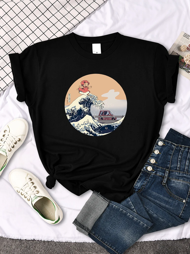 

Women'S Short Sleeve Anime Ponyo On The Cliff Cartoon Printed Tees Women Oversize Soft Fitted Clothes Kawaii Round Neck T-Shirt