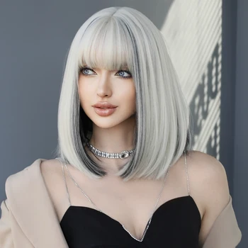 NAMM Short Straight Hair Bob Wig for Woman Daily Cosplay Lolita Wig Highlight Silvery Bob Wigs Synthetic Hair Heat Resistant 3