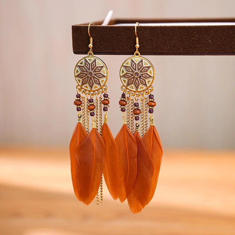 

Bohemian Long Feather Earrings for Women Ethnic Unique Drop Glaze Wood Bead Beach Chain Tassel Earrings Pendientes Mujer