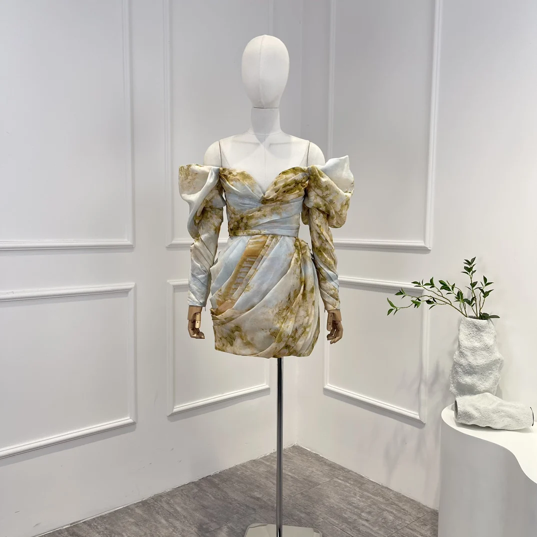

Floral Print New Vintage Folds Mini Dress 2023 High Quality Off The Shoulder Strapless Luxury Woman Clothes for Party Holiday