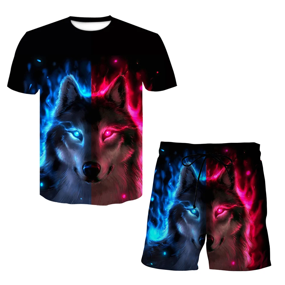 Oversized Summer Men's Clothing Sports Fitness Anime Beast Fierce Battle T-Shirt Casual 2-Piece Set Street Fashion Shorts Beach