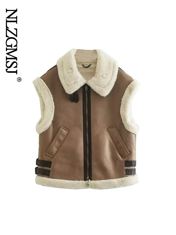 

TRAF 2022 Winter Women Thick Warm Fleece Faux Leather Jacket Splice Sleeveless Waistcoat Coat Ladies Biker Vest Outwear Tops