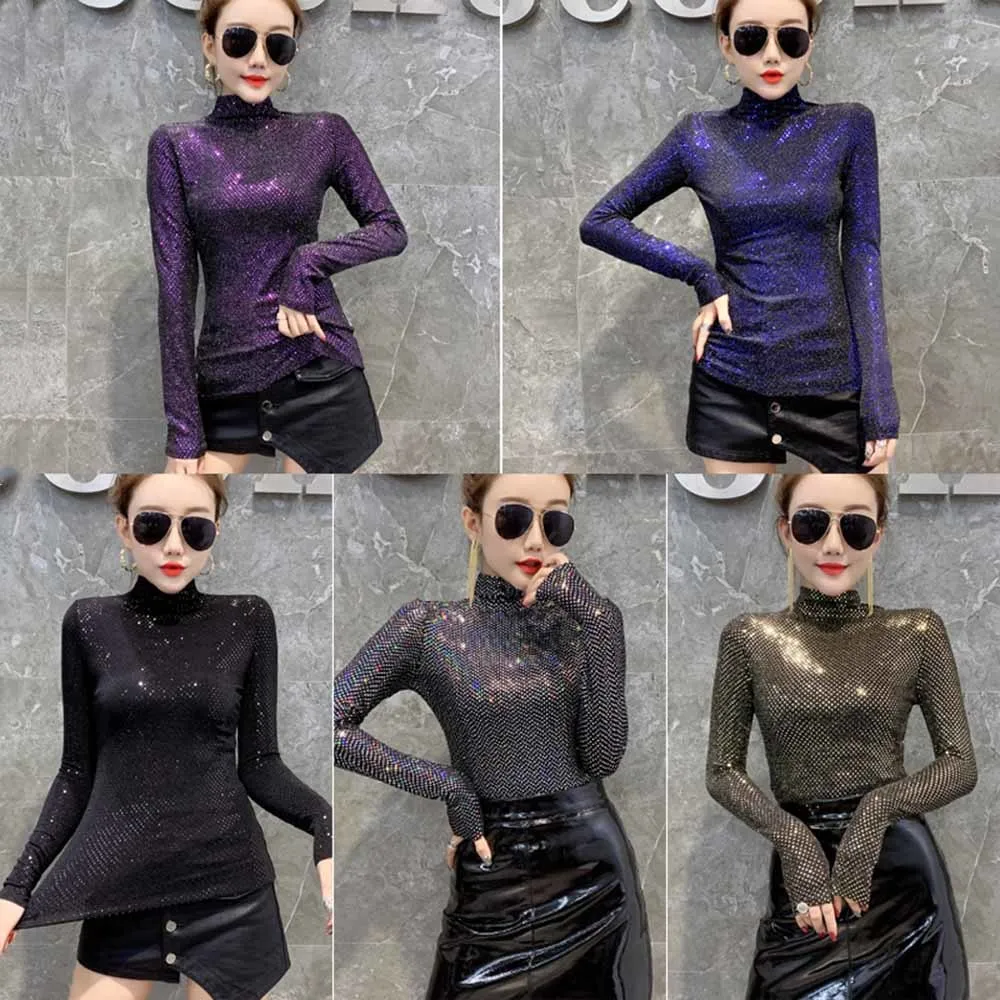 Яркая Золотая Футболка на весну и осень Корейская одежда пикантные блестящие