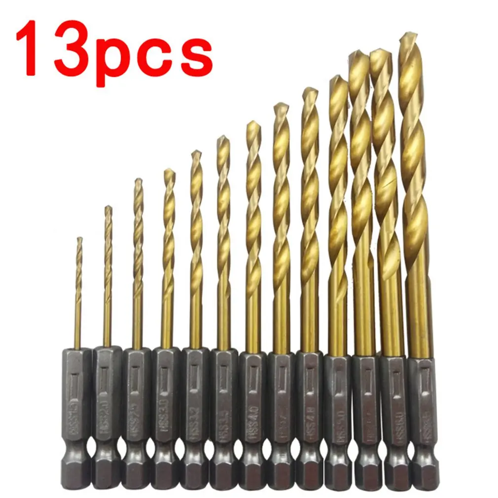 

13 Pcs / Lot Hss Hss Titanium Coated Drill Bit Set 1/4 Hex Shank 1.5-6.5 Mm Hex 13pcs / set Neutral / shank drill