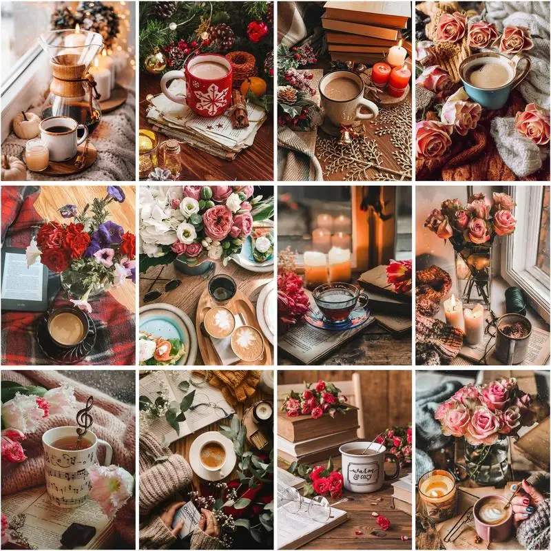 

CHENISTORY Oil Painting By Numbers Paint Kit Decorative Paintings Flower And Coffee Number Painting Original Gifts For Adults