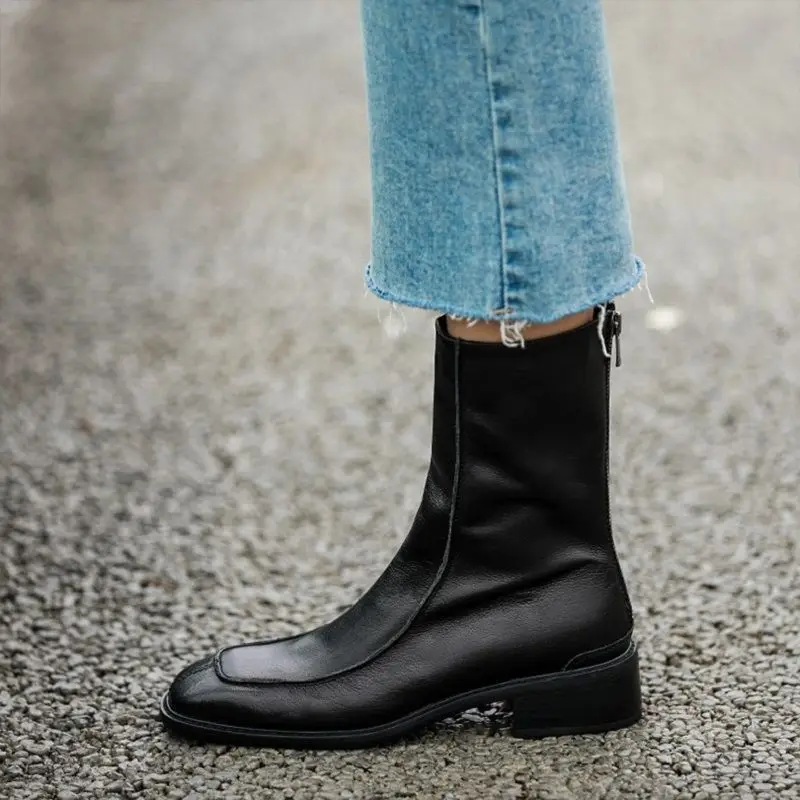 

Женские ботинки в стиле ретро, модная обувь из воловьей кожи, на молнии сзади, с квадратным носком, на среднем каблуке, зимние полусапожки в британском стиле