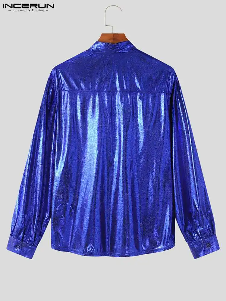 Stylish All-match Men Glitter Tie Blouse INCERUN Tops 2022 Streetwear Hot Sale Male Long Sleeve Reflective Coating Shirts S-5XL