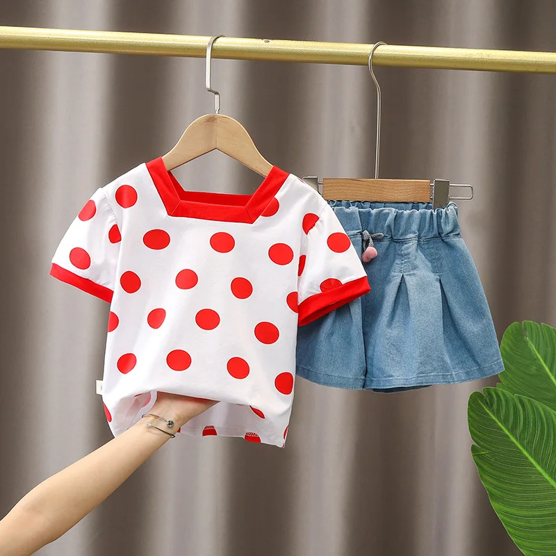 

Toddler Girl Clothes Set 2022 Summer Baby Infant Short Sleeve Outfits Children Fashion Dot Top+Denim Skirt Style Shorts 2pcs/set