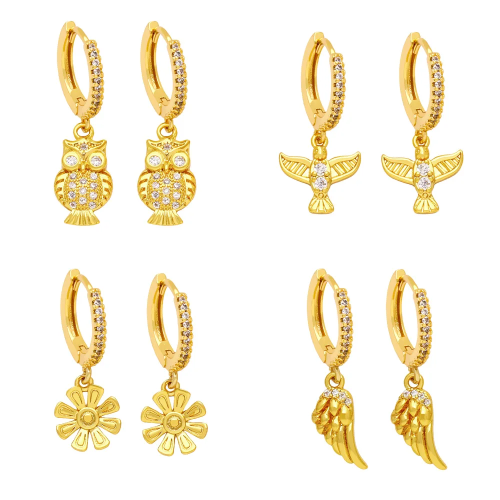 

FLOLA Mini Gold Plated Hoops Owl Earrings for Women Copper Zircon Angel Wings Dangle Earrings CZ Rhinestone Jewelry ersa289