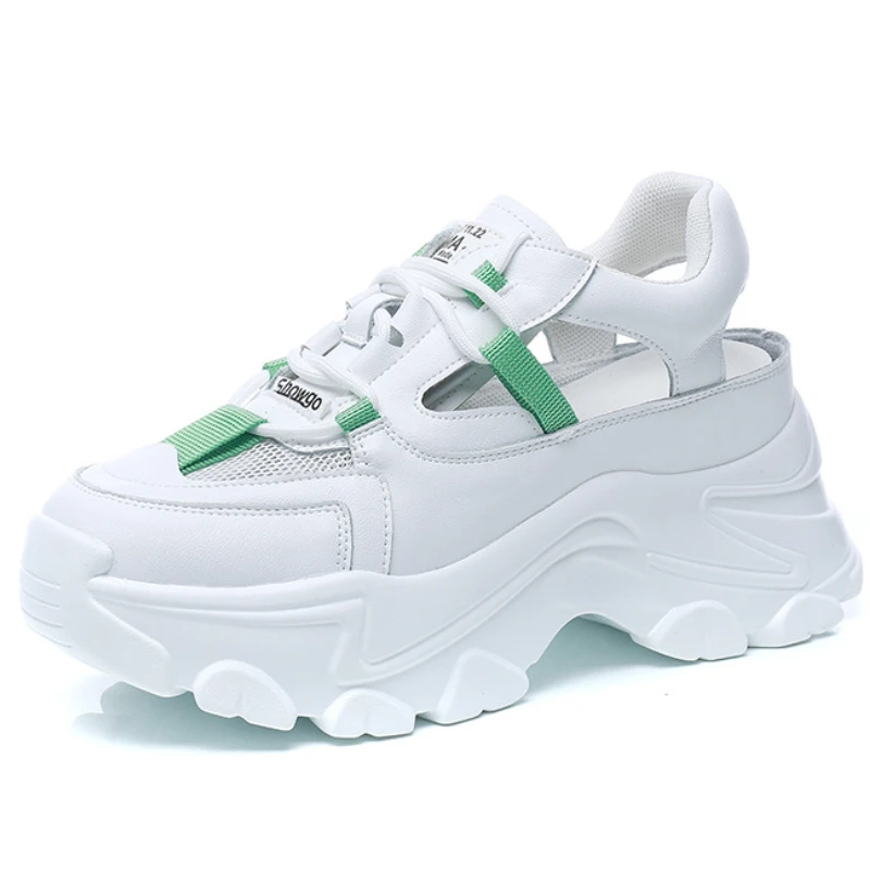 

7cm Genuine Leather Women Casual Shoes Summer Sneakers Hollow Breathable Fashion Sneakers Platform Shoes Wedge White