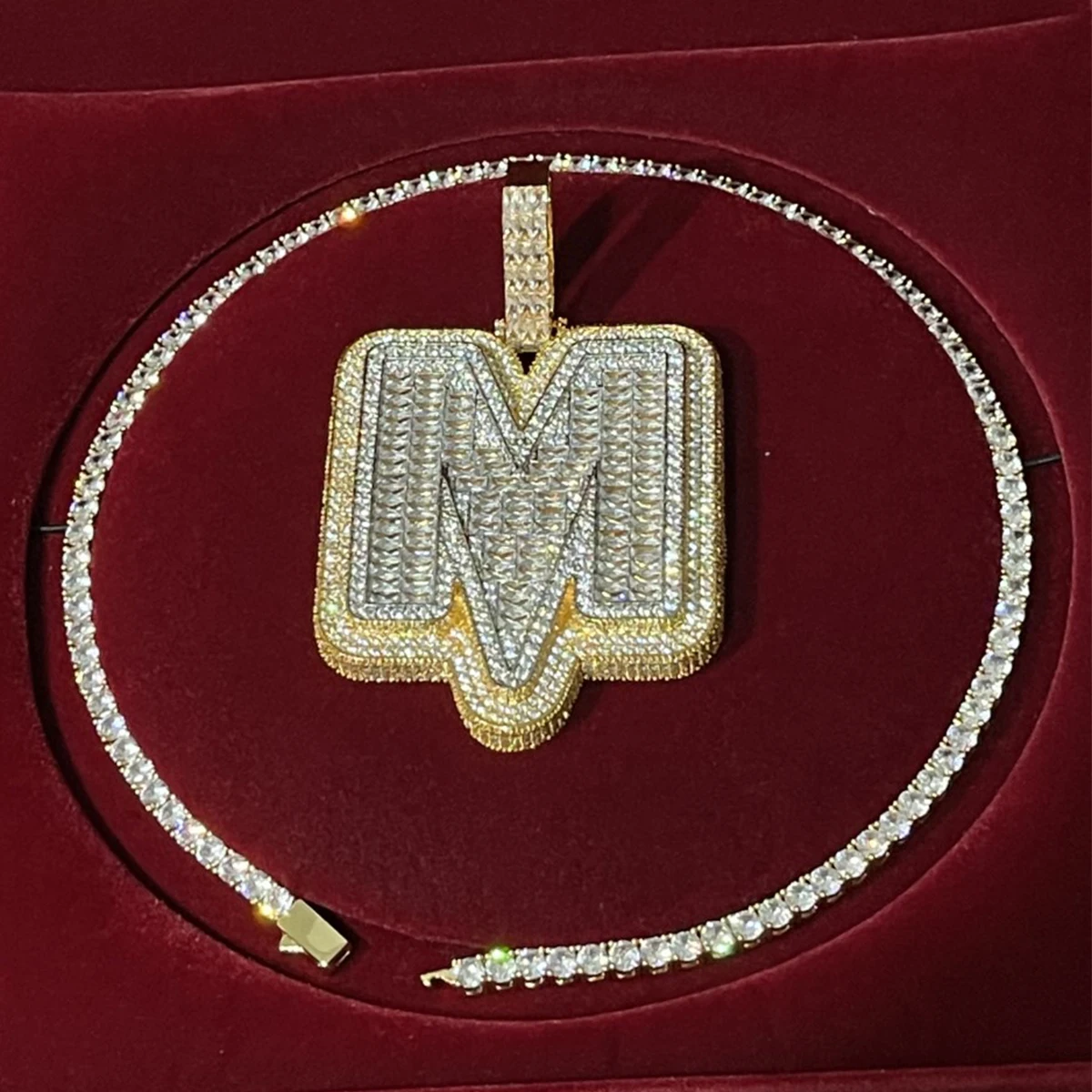 Aokaishen A~Z Single Baguette Letter Name Necklace Chain For Men Full Zircon Pendant Rock Rapper Hip Hop Jewelry