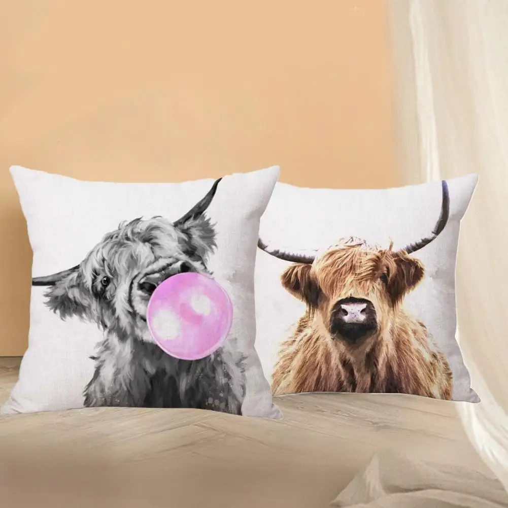 

Linen Practical Highland Cow Pattern Cushion Cover Square Pillowslip Pretty