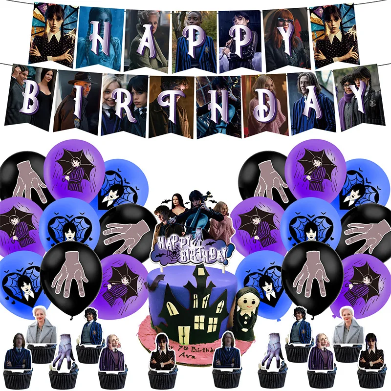 

Wednesday Addams Family Themed Birthday Party Decoration Banner Flag Insertion Exhaust Ball Backdrop Ballons Decorative Set