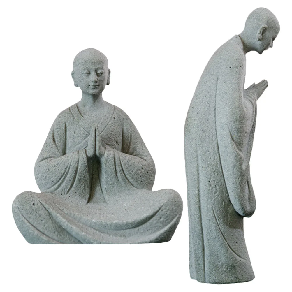 

2 Pcs Ornaments Micro Landscape Buddha Statue Little Monk Figurine Stone Sculpture