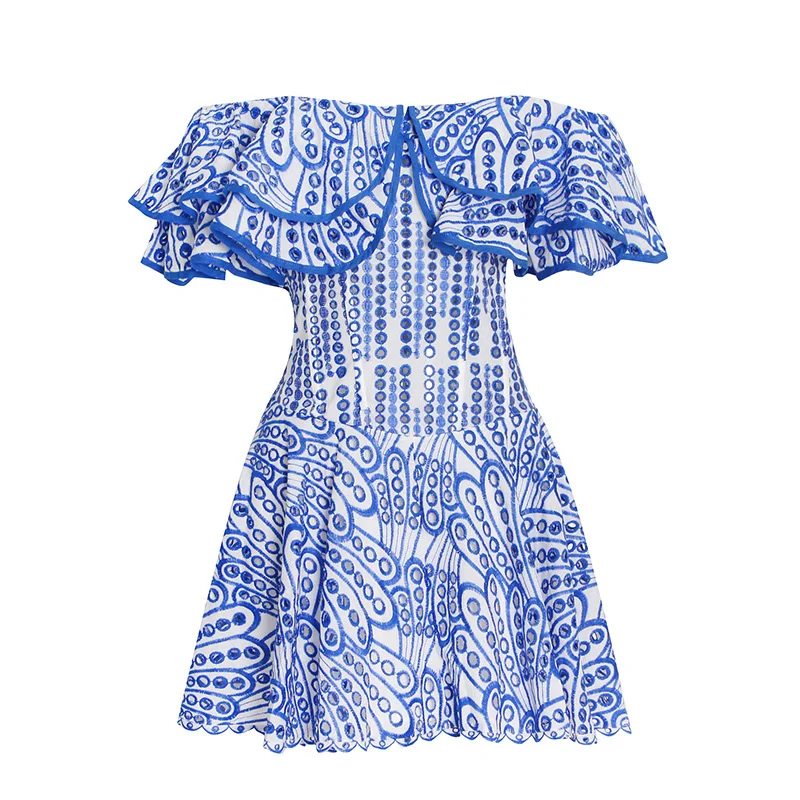

Quality Cut Out Embroidery Mini Dress For Women Sexy Slash Neck Short Sleeve Ruffles Solid Party Dresses Female Summer Clothes
