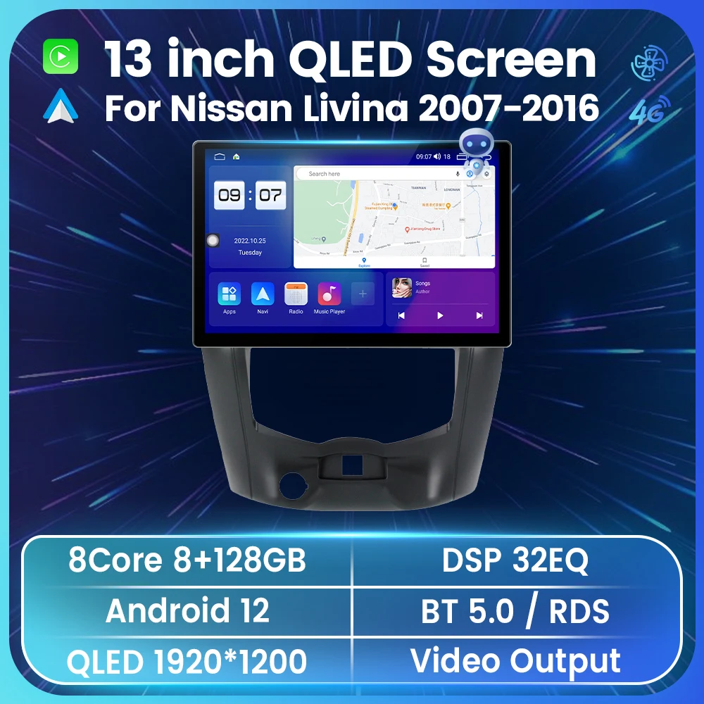 

13 Inch 2K For Nissan Livina 2007-2015 Tesla Style Screen 2Din Android 12 Car Multimedia Stereo Radio 4G + WiFi Carplay Auto