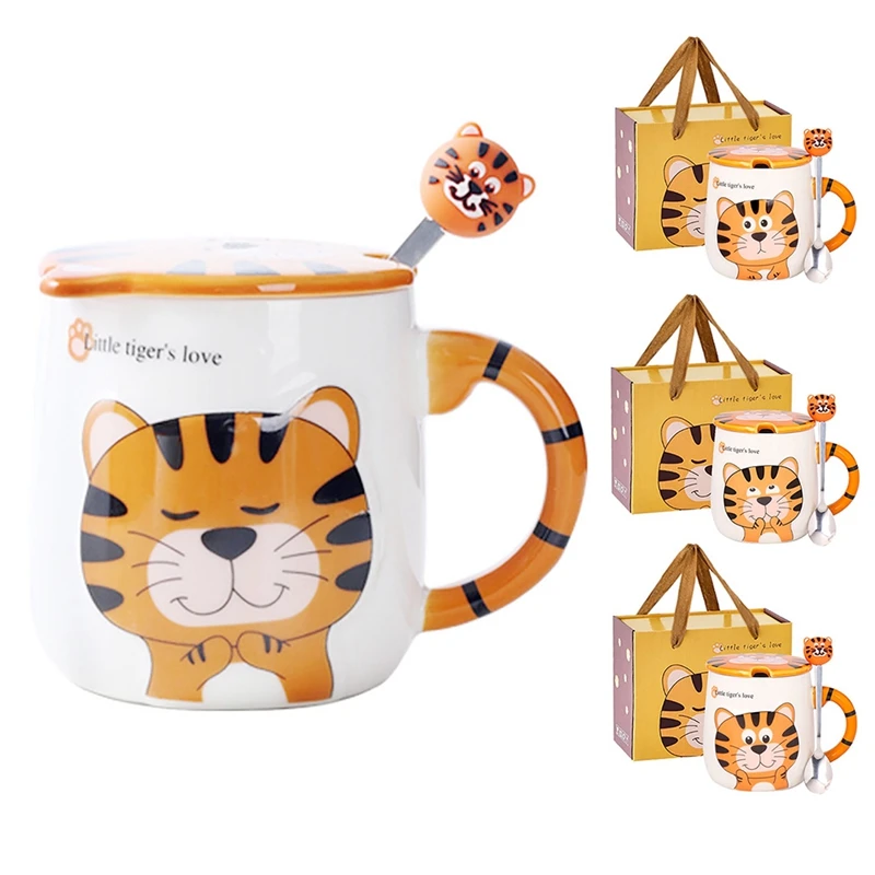 

Новая мультяшная Тигровая керамическая чайная чашка, милая кружка для года тигра, кофейная кружка с крышкой и ложкой, новогодние подарки