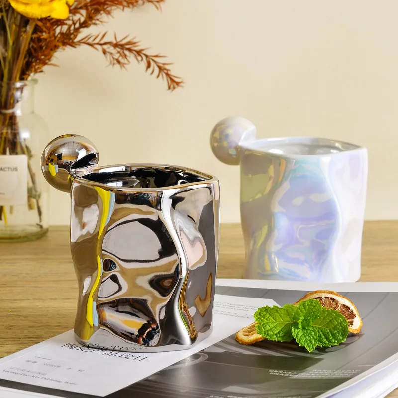 

Creative 300ml Milk Coffee Irregular Ceramic Cup Breakfast Cute Water Cup Silver Mug