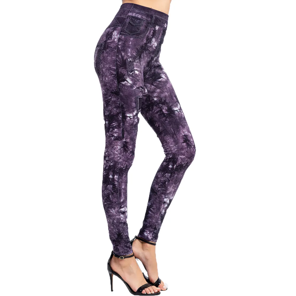Imitation Denim Jeans Leggings Women Casual High Waist Slim Elastic Pencil Pants Fashion Leaf Printing Sports Fitness Jeggings