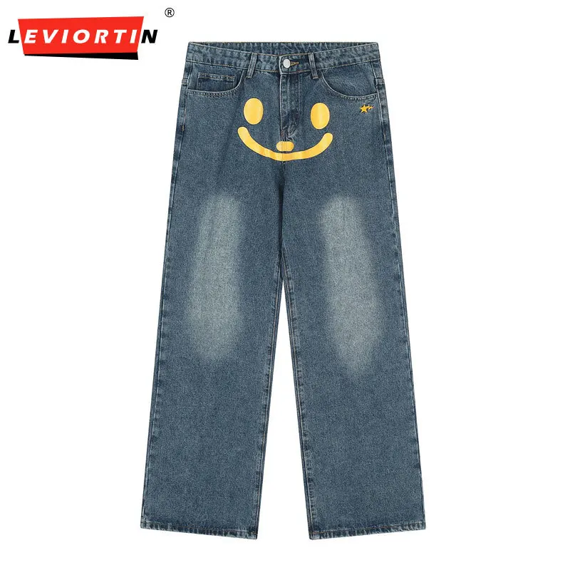 

Streetwear Casual Smile Face Print Straight Men's Jeans Pants Y2K Harajuku Hip Hop Baggy Oversized Denim Trousers Unisex