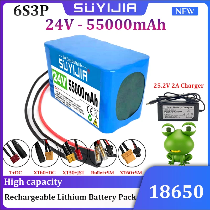 

24V 6S3P 18650 Rechargeable Lithium Battery Pack 55000mAh for Electric Bicycle Moped Scooter Built-in BMS with 25.2V 2A Charger