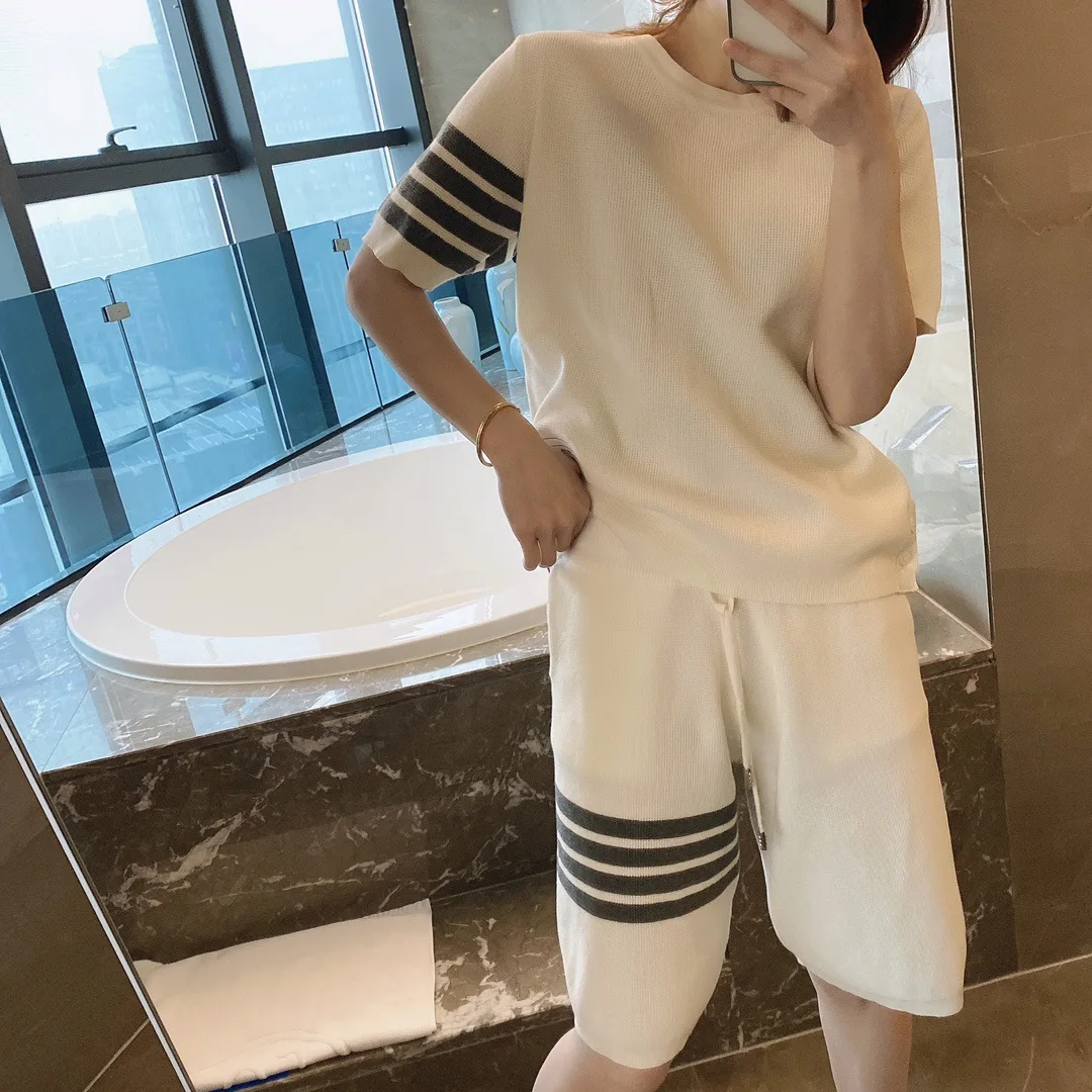 

TB High Quality Pineapple Short Sleeves Pineapple Shorts Waffle Stripe Preppy Style Four-bar Wool Knitting Spring and Summer